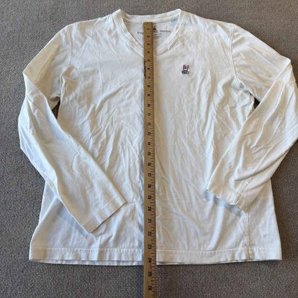 Psycho Bunny Men's White Embroidered Bunny Logo V-Neck Long Sleeve T-Shirt‎ S - Picture 3 of 10